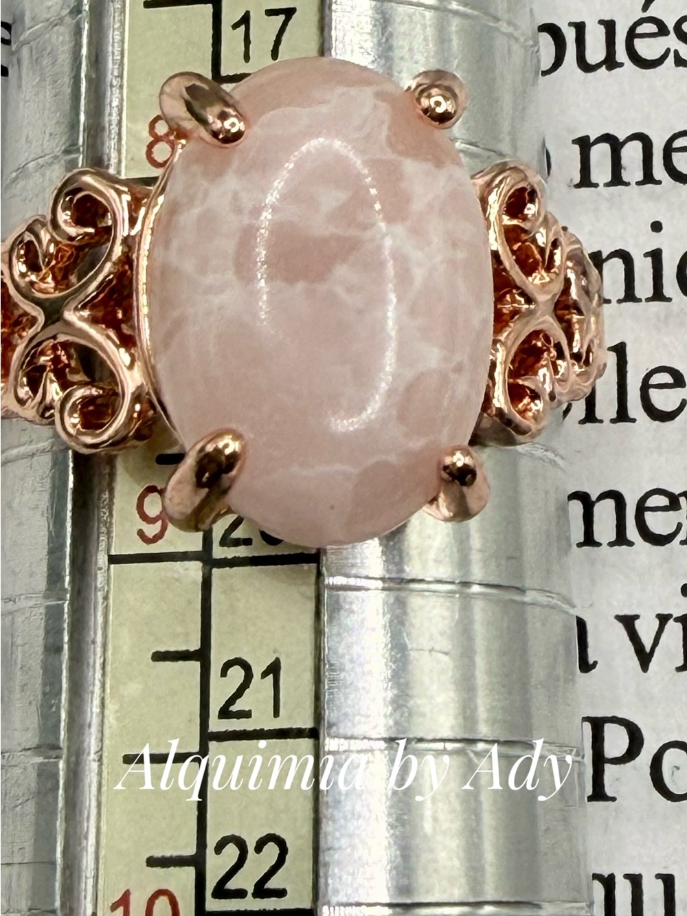 Pink Oval agate Cabochon Ring in Rose Gold Tone Filigree